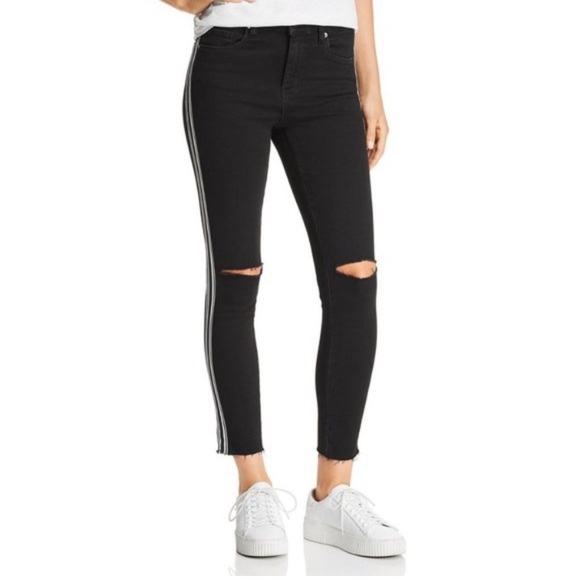 BlankNYC Black White Stripe Cropped Ankle Distressed  Raw Hem Skinny Jeans 27 - Picture 2 of 15